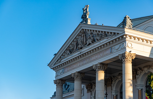 Iasi, Romania - October 21, 2022: A close-up picture of the facade of the Vasile Alecsandri National Theater or Iasi National Theatre.