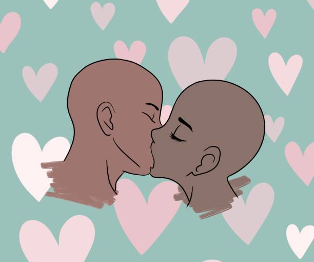 łysy mężczyzna i kobieta o afroamerykańskim wyglądzie całują się na miętowym tle z różowymi i białymi sercami. namiętny pocałunek afroamerykańskiej łysej pary. szczęśliwych walentynek. koncepcja miłości i wsparcia - african descent sex symbol couple sensuality stock illustrations