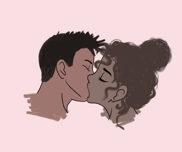 illustration. passionate kiss of husband and wife of African Americans. African American young couple in love kissing on valentine's day on a delicate pink background. happy valentine's day, love concept horizontal illustration. passionate kiss of husband and wife of African Americans. African American young couple in love kissing on valentine's day on a delicate pink background. happy valentine's day, love concept kissing on the mouth stock illustrations