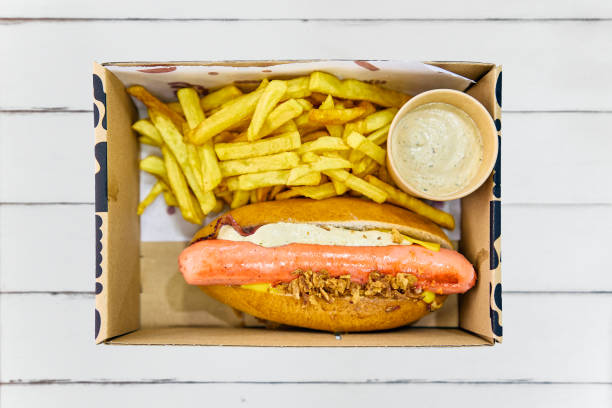 istock Hot dog menu served in a cardboard 1455059368