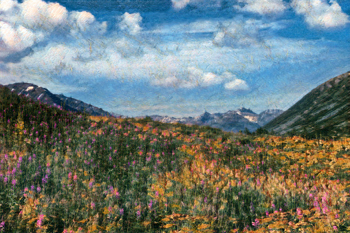 Watercolor painted image of meadow on a table