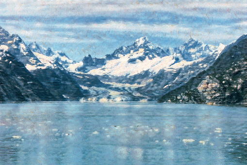 Digital painting effect on a photo of Alaskan glacier flowing into bay with floating ice and water in forefront.