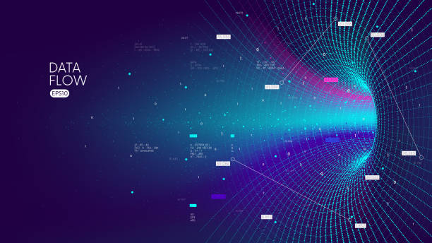 szybki tunel przepływu dużych zbiorów danych, przetwarzanie informacji o lejku bazy danych, innowacyjne analizy i statystyki zakodowanych danych, tło wektorowe technologii czarnej w cyberprzestrzeni - czarna dziura stock illustrations