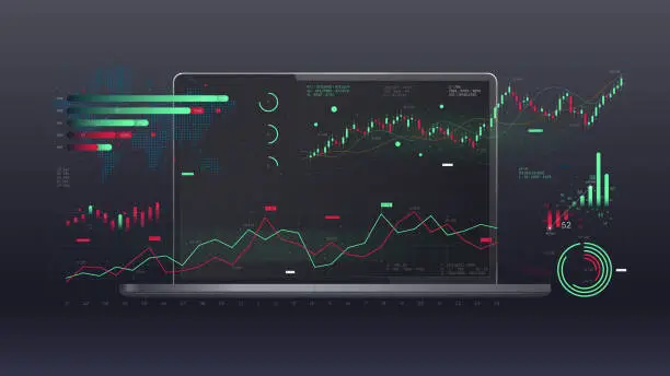 Vector illustration of Visualization of financial graph of financial market analytics on the background of a laptop, report from business analysis, global economy, vector illustration