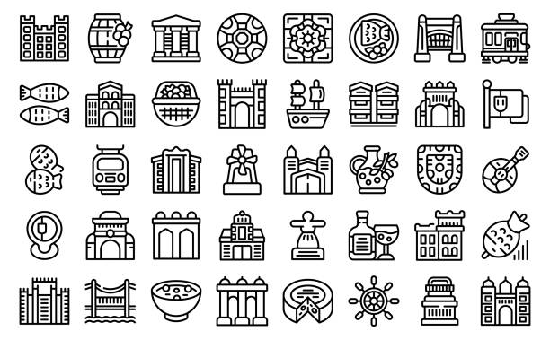 istock Lisbon icons set outline vector. Portugal castle 1455061818