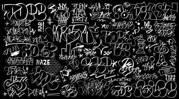 ilustrações, clipart, desenhos animados e ícones de conjunto de letras de tags de graffiti, elemento de design vetorial - pattern music backgrounds city