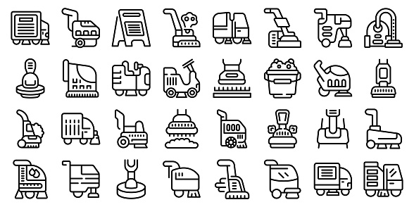 Floor washing machine icons set outline vector. Cleaning staff. Job apartment