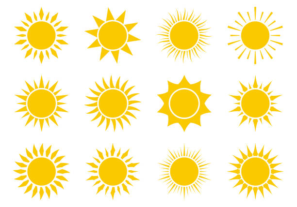 sonnensymbol, schildset. sommer-symbol-design. sonniges logo. vektordarstellung. - sun stock-grafiken, -clipart, -cartoons und -symbole
