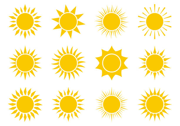 ikona słońca, zestaw znaków. projekt symbolu lata. słoneczne logo. ilustracja wektorowa. - weather condition sunny sunlight stock illustrations