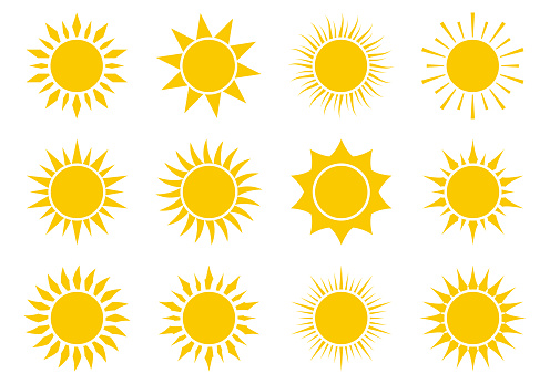 Sun icon, sign set. Summer symbol design. Sunny logo. Vector illustration.