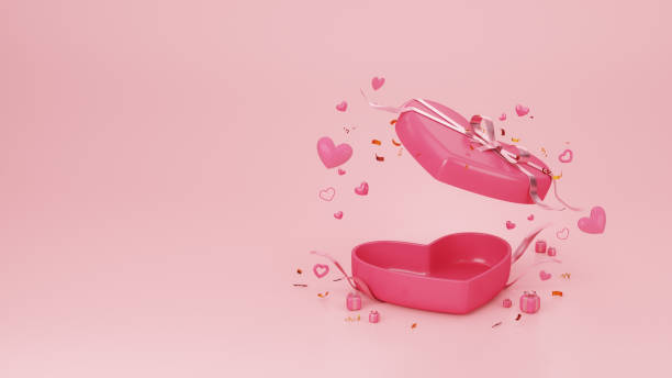 open pink heart shape gift box with balloon hearts and confetti on pink background. happy valentine's day, wedding and anniversary concept. 3d render. - february three dimensional shape heart shape greeting imagens e fotografias de stock