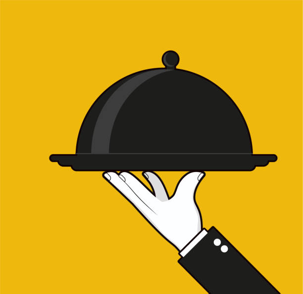 istock Waiter hand holding tray. Restaurant service. Vector illustration isolated on yellow background 1455065169