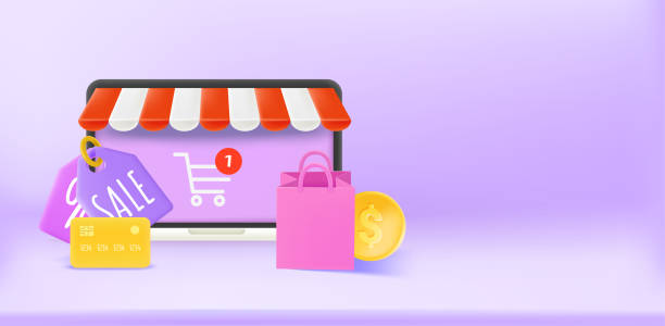 istock Web shopping concept with laptop, bag, card and shopping tags. 3d vector banner with copy space 1455068086