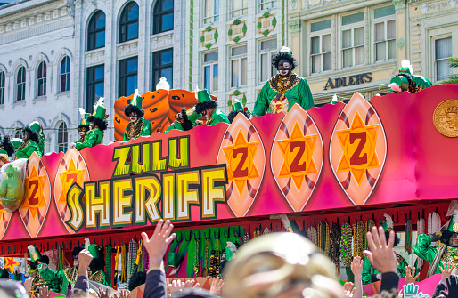 New Orleans, LA - February 9, 2016: Zulu Sheriff float along Mardi Gras Parade through the city streets. Mardi Gras is the biggest celebration the city of New Orleans hosts every year.