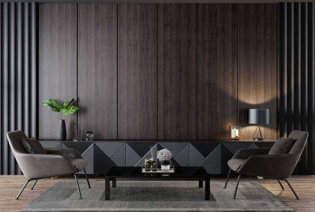 Luxury dark living room interior with 75" TV stock photo