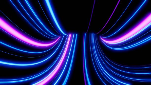 istock 3d Neon light effect glowing trails. Colorful Light motion speed background. Motion blur long time effect. Technology 5g design concept. Laser beam sparkling on dark scene. Fast moving to futuristic. 1455069558