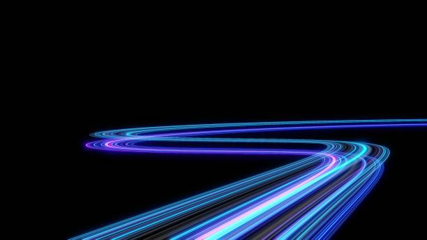 istock 3d Neon light effect glowing trails. Colorful Light motion speed background. Motion blur long time effect. Technology 5g design concept. Laser beam sparkling on dark scene. Fast moving to futuristic. 1455069587