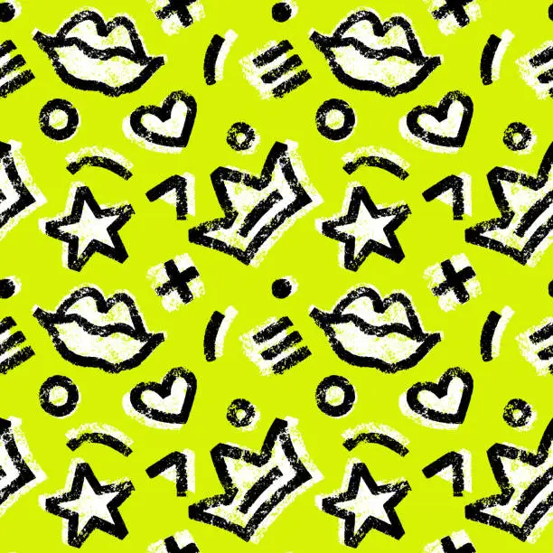 Vector illustration of Vector seamless hand-drawn pattern with hearts, circles, stars, stripes, crowns and lips. Grunge shapes colorful backdrop. Bold bright background.