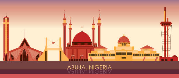 illustrations, cliparts, dessins animés et icônes de panorama de la ligne d’horizon du coucher du soleil de la ville d’abuja, nigéria - nigeria abuja city mosque