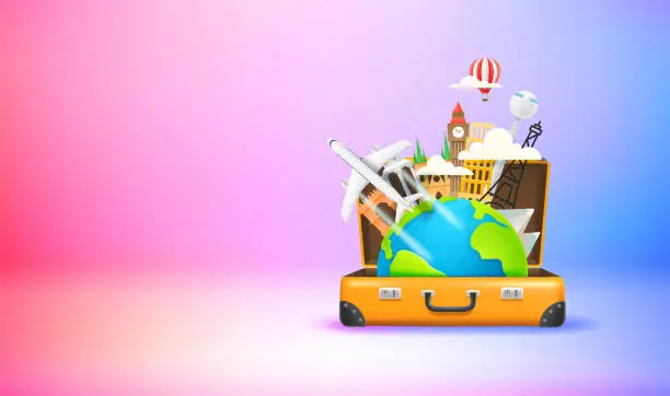 Vector illustration of Season travel concept with suitcase and famous world sights. Vector 3d banner with copy space