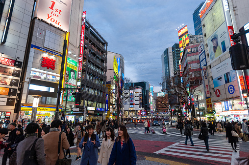 Tokyo, Japan - January 9, 2020. Exterior of the busy streets of Tokyo, near the famous Shibuya Crossing.