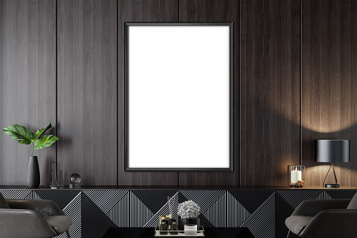 Blank image frames for your design. Mock up frames. Black modern and retro-style living room with black and dark materials. 3d rendering.