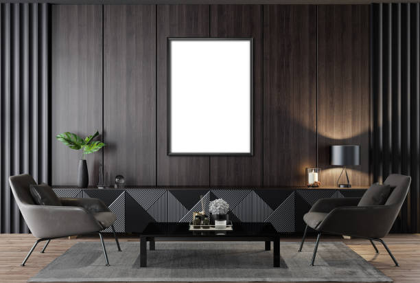 istock Black Luxury modern retro-style living room with blank image frames 1455074072