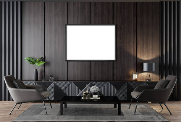 istock Black Luxury modern retro-style living room with blank image frames 1455074177