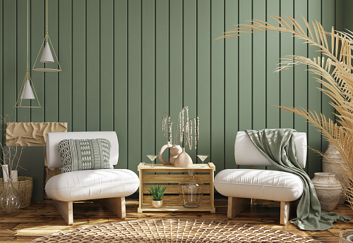 Interior design of living room with white armchairs with plaid over the dark green planks paneling wall. Farmhouse style. Home design. 3d rendering
