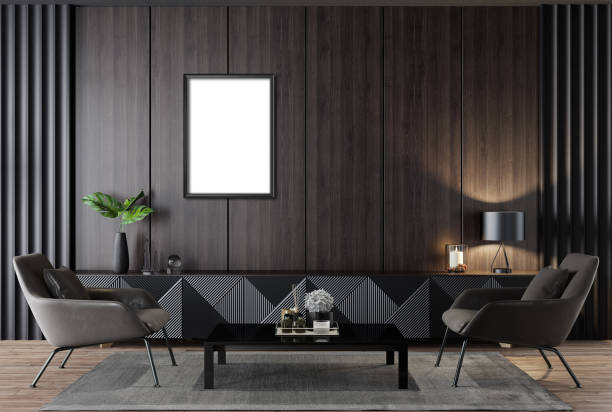 istock Black Luxury modern retro-style living room with blank image frames 1455074228