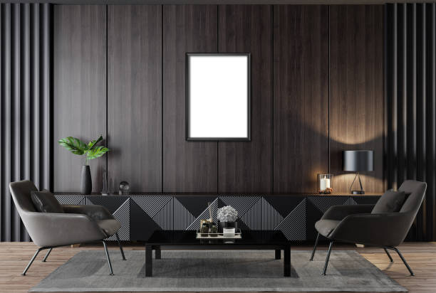 istock Black Luxury modern retro-style living room with blank image frames 1455074290
