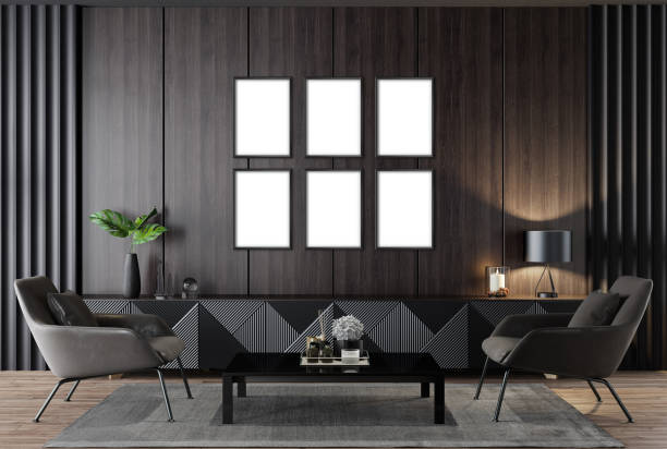 istock Black Luxury modern retro-style living room with blank image frames 1455074318