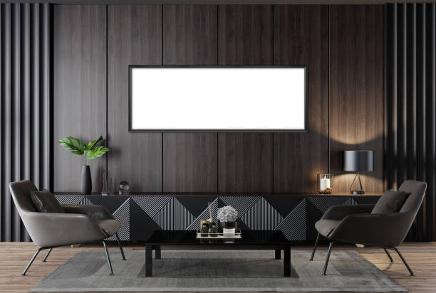 istock Black Luxury modern retro-style living room with blank image frames 1455074344