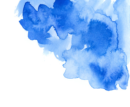 Bright painted blue watercolor splash isolated on white background. Hand drawn texture