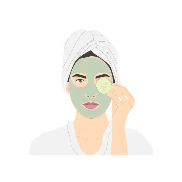 Vector illustration of Cosmetic face care, smiling woman putting cucumber on eye and applied green mask on face for good skin condition, vector isolated on white background.