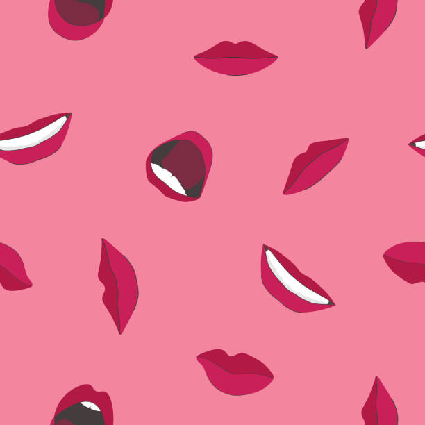 Pattern seamless illustration with lips of different shapes in different emotional states, vector isolated on pink background. Pattern seamless illustration with lips of different shapes in different emotional states, vector isolated on pink background. Vector illustration kissing on the mouth stock illustrations