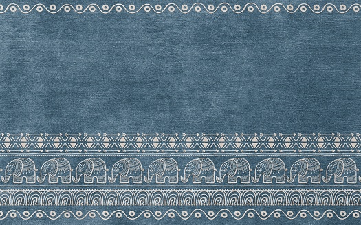 An illustration of colorful shapes and elephants isolated on a carpet-textured background
