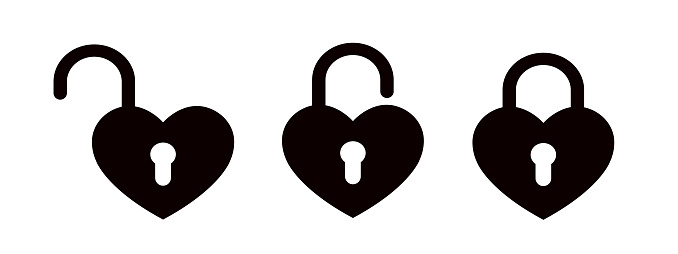 locked and unlocked heart black icon set, valentine day symbol, heart shape lock silhouette, simple vector illustration