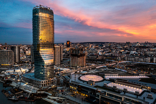Belgrade skyscrapers seen from a different perspective and captured with a drone during sunset hour.