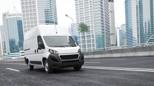 Delivery van in the city. Express delivery, shipping and logistics concept. 3d video animation