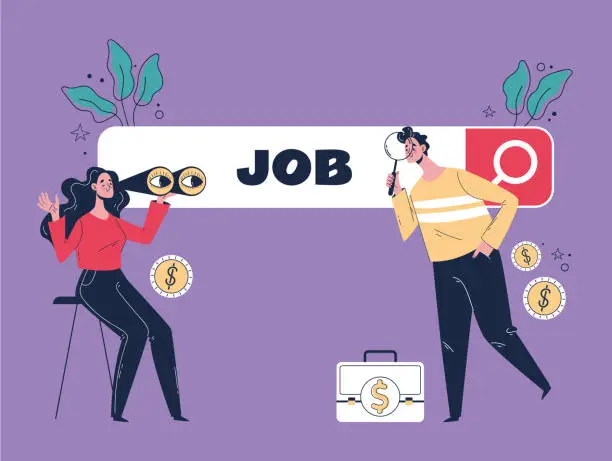 Vector illustration of Search work job bar with people characters. Online internet browsing users searching and looking available vacancy concept. Recruitment service networking. Vector graphic design illustration