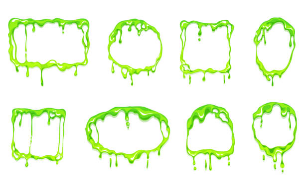 illustrazioni stock, clip art, cartoni animati e icone di tendenza di green slime goo scorre cornici con forme diverse. muco fluido concetto di stile cartone animato. illustrazione grafica vettoriale - monster set pattern green