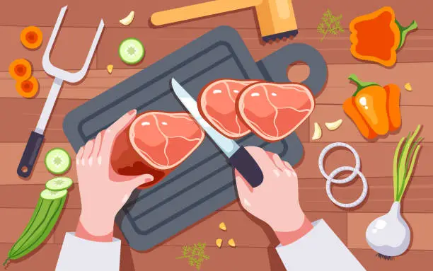 Vector illustration of Chef character cooking preparing chopping food on table top view. Hand holding knife and cutting chopping vegetables and meat with slice concept. Vector graphic design illustration