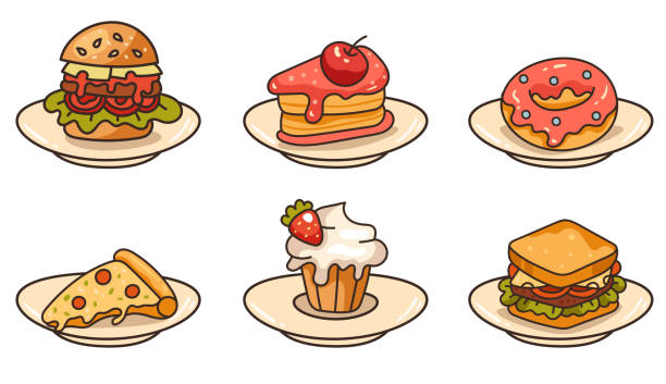 фаст-фуд бургер гамбургер пицца хот-дог закуска на тарелке концептуальный набор. стиль контура линейной графики. иллюстрация векторного гр - hot dog hamburger burger grilled stock illustrations