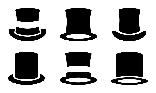Set of top hat vector icons. Black silhouette with retro tophat. Classic retro top hat for gentleman. Vector 10 Eps.