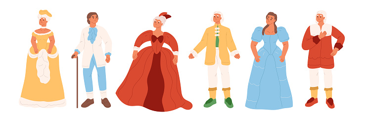 Cartoon character people in 18th century dress costume. Noblewoman and men in retro fashion outfit clothes isolated on white background. Baroque and renaissance style. Cartoon flat vector illustration