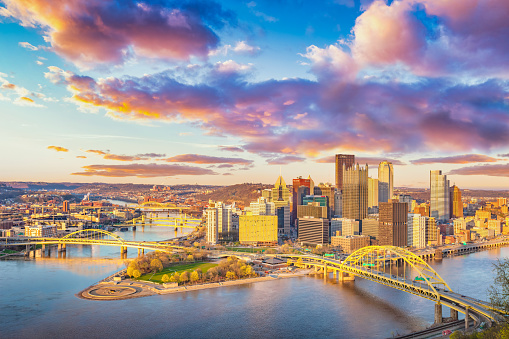 Skyline of Pittsburgh Pennsylvania and the Monongahela River, Pennsylvania, USA at sunset