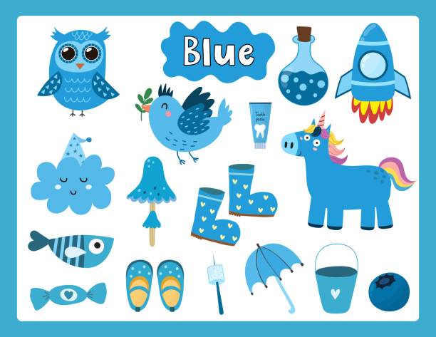 ilustrações de stock, clip art, desenhos animados e ícones de set of blue color objects. primary colors flashcard with blue elements - primary colours