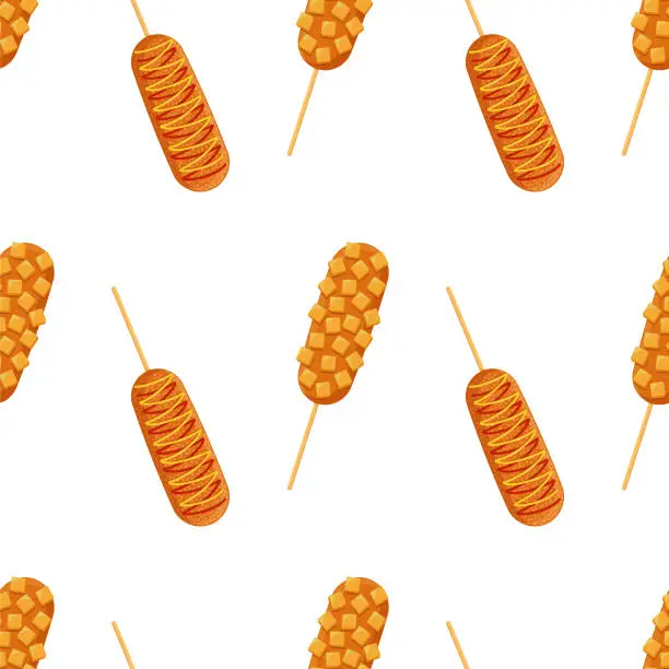 Vector illustration of Korean corn dog seamless pattern in flat detailed style. Vector Asian street food background