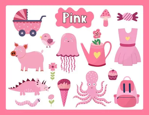 Vector illustration of Set of pink color objects. Primary colors flashcard with pink elements